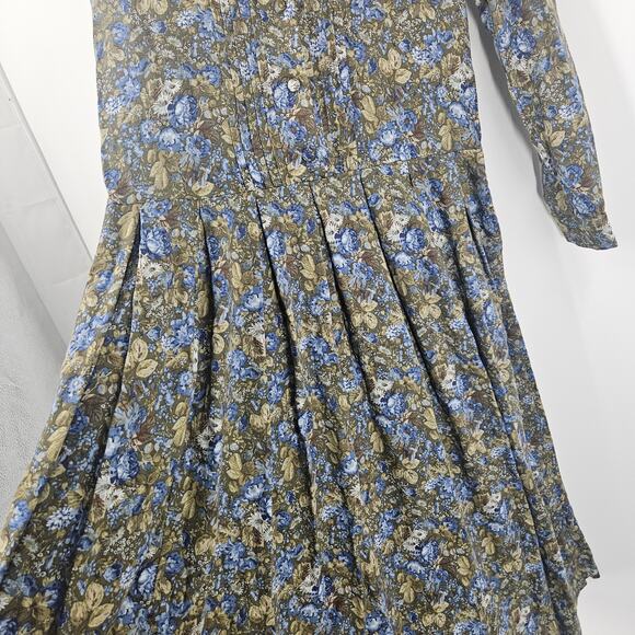 Laura Ashley Prairie Cottage Dress Green Wool Floral Lace Collar Pleated Size 6 - Picture 2 of 6